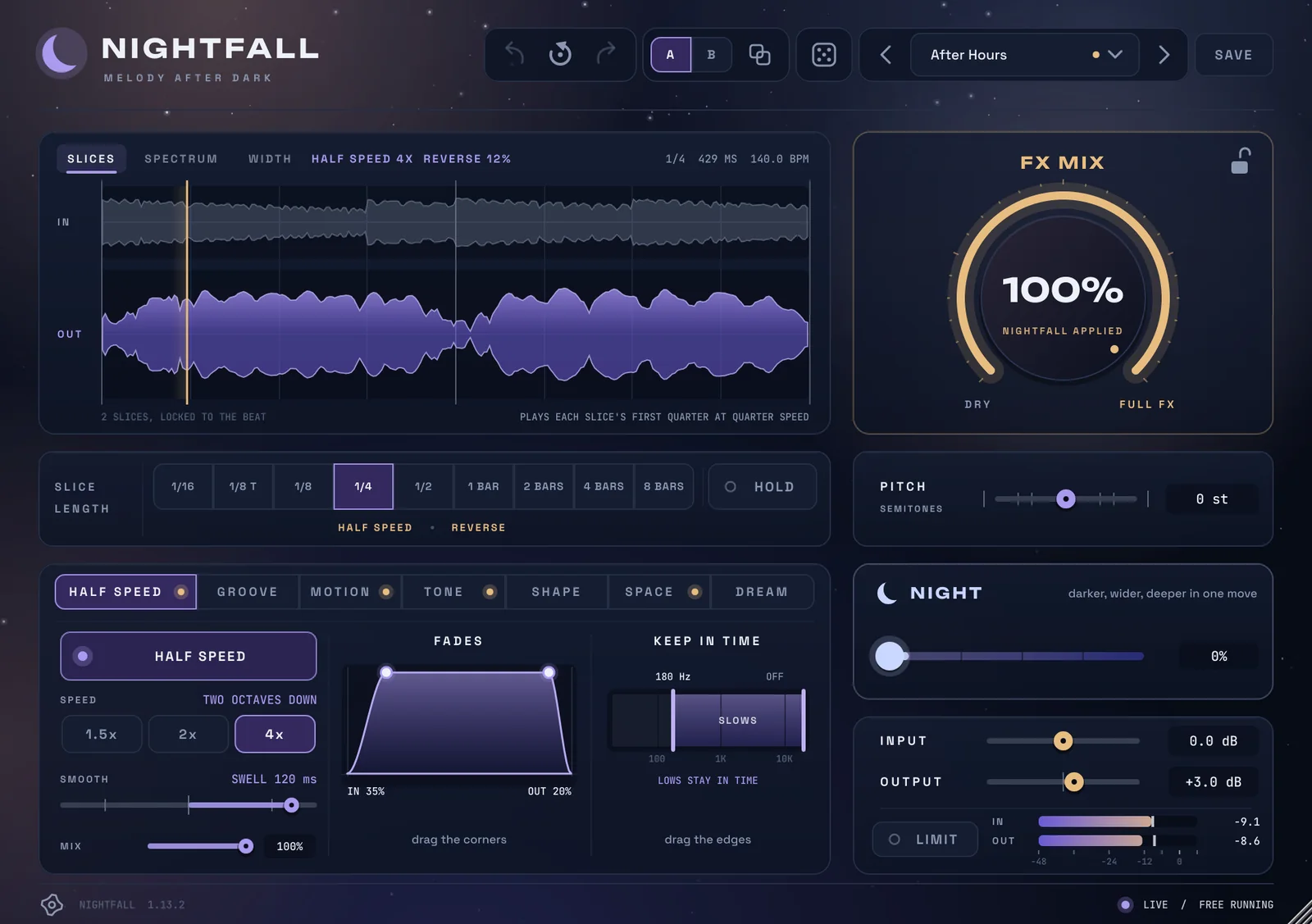 Nightfall: the slice view, slice lengths, the effect pages, FX Mix, Pitch and Night